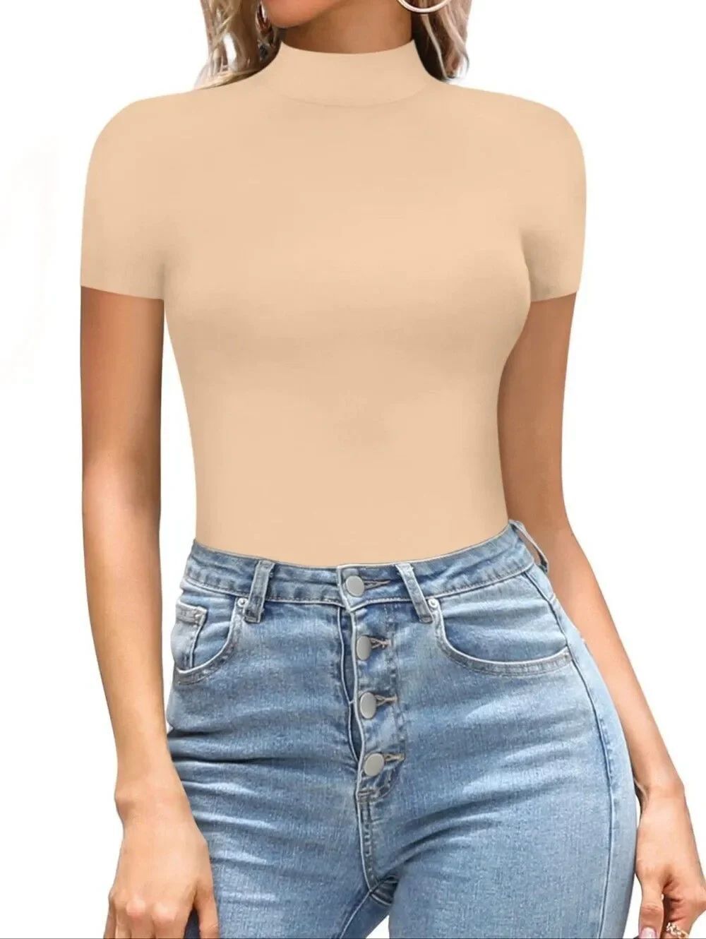 Women's Cream Short Sleeve Mock Neck Bodysuit Sz S M L XL 2X